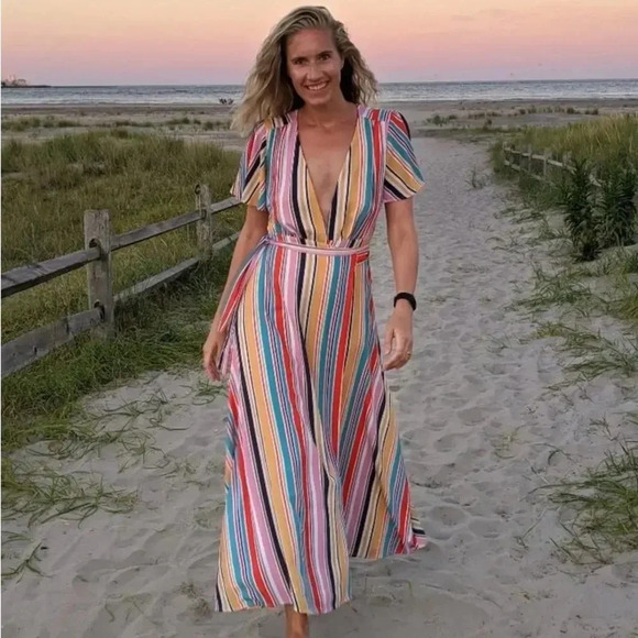 Louna Meghan Wrap Dress Stripe Sz S Beach Resortwear Casual Maxi Vibrant - Picture 2 of 6